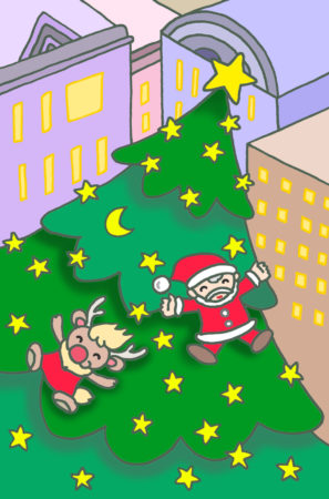 クリスマス,クリスマスイブ,Xmas,サンタクロース,クリスマスツリー,キラキラ星,街明かり,人形