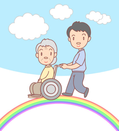 要介護者,高齢者,車椅子,移動介助,車椅子介助,介護ヘルパー,介護士,介護福祉士,虹,晴天,青空