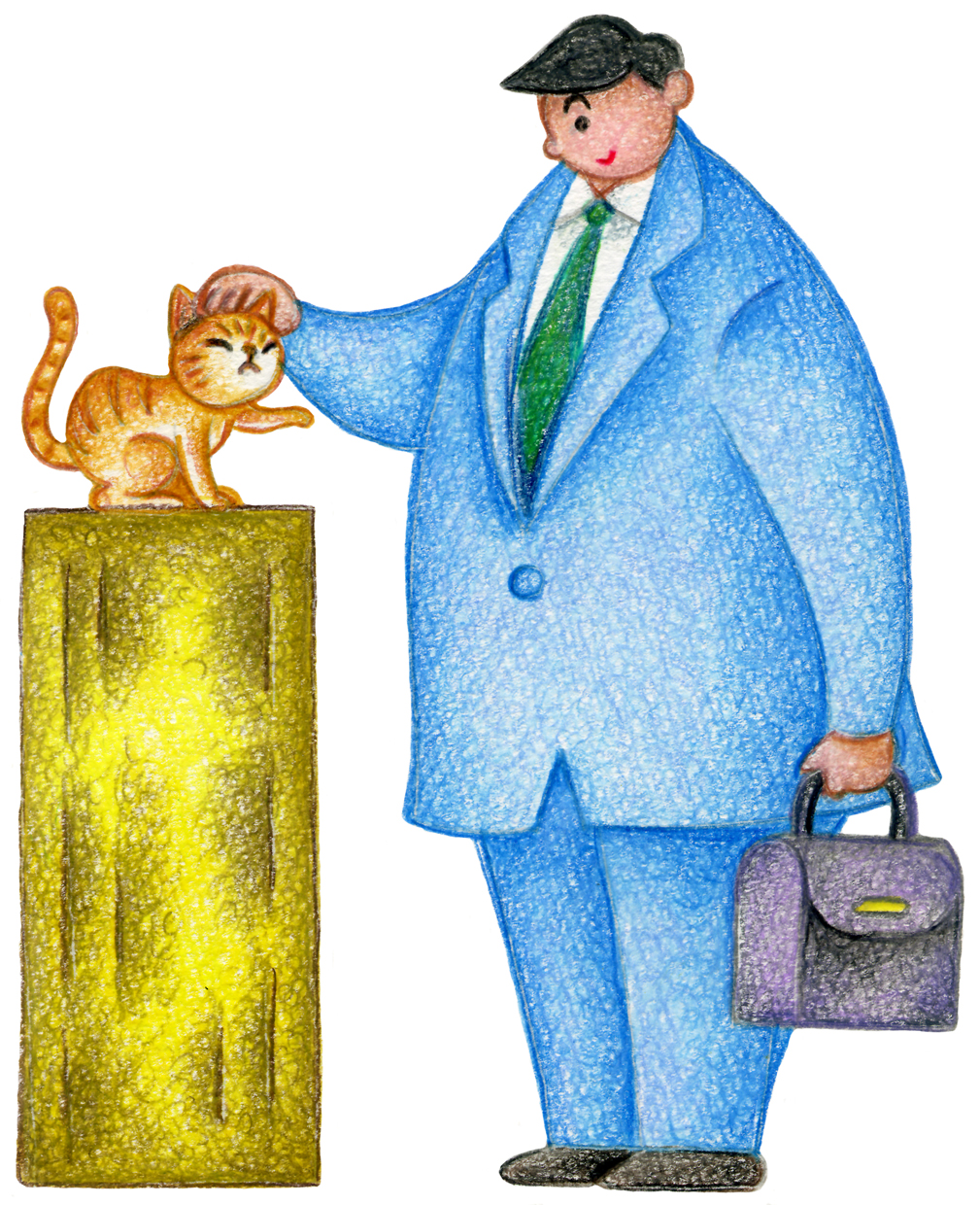 「タグ」 アナログ,手描き,色鉛筆画,鉛筆画,猫,子猫,キャット,男性,ビジネスマン,サラリーマン,会社員,捨て猫,野良猫