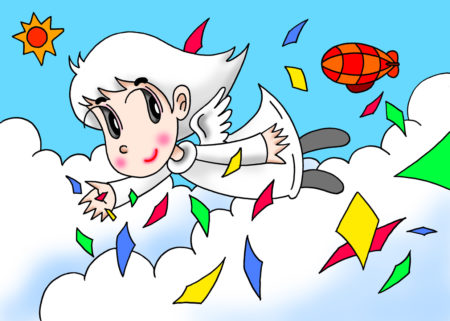 コミック,漫画,カトゥーン,デジタル,2DCG,天使,エンジェル,子供,空中,飛行,青空,飛行船,雲